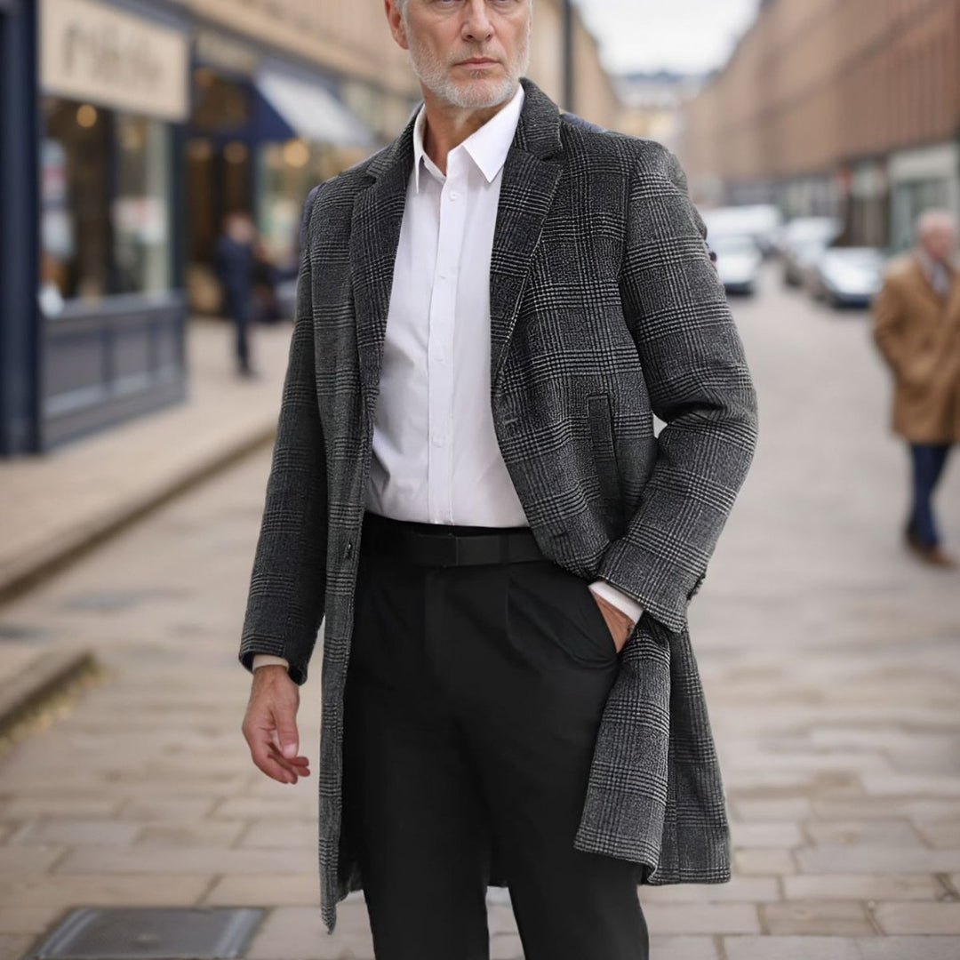 Men's Long Cut Wool Coat with Check Pattern Lisslune