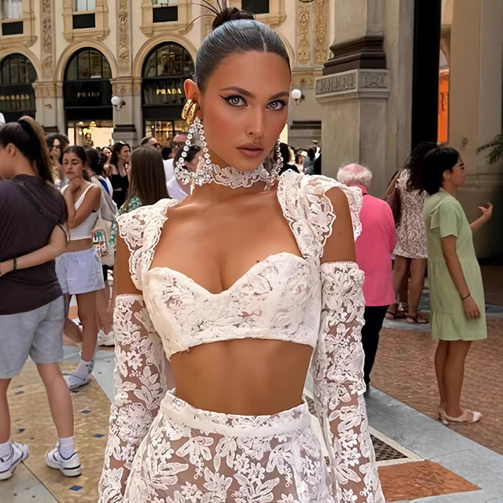 Ladies Lace Crop Top and Skirt Set with Transparent Details Lisslune