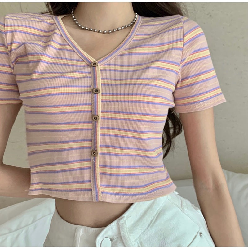 Women's cropped t-shirt with fashionable striped pattern and decorative buttons