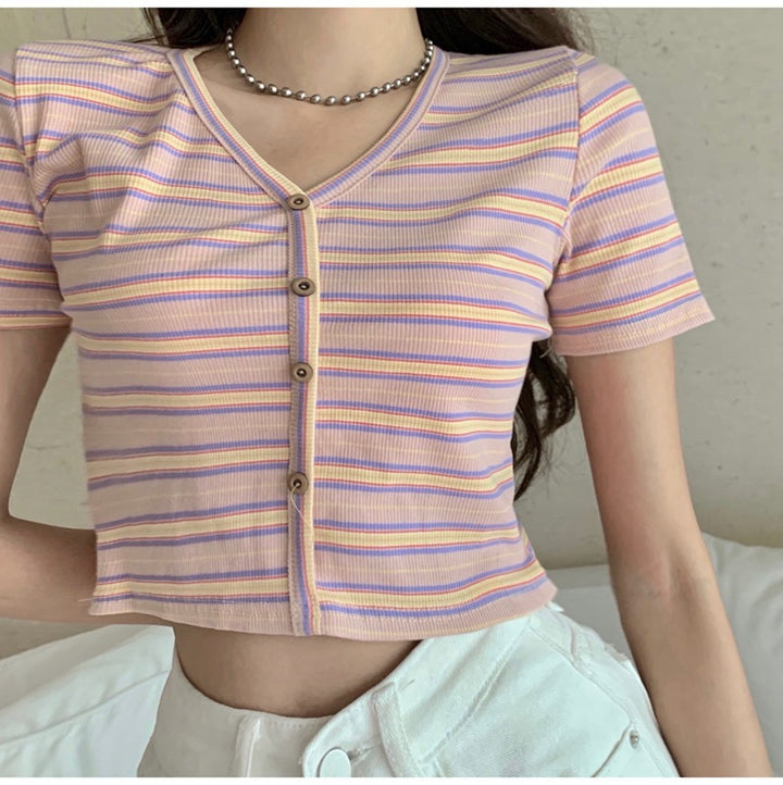 Women's cropped t-shirt with fashionable striped pattern and decorative buttons