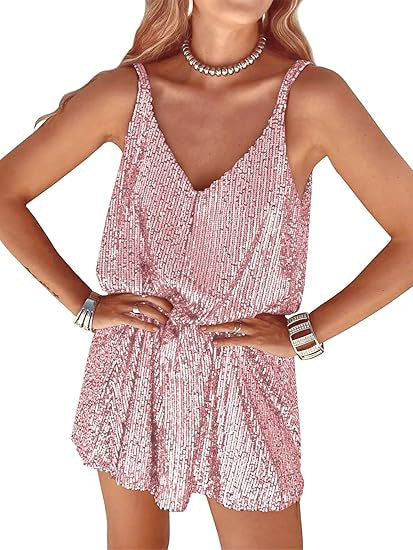 Women's Shimmering Jumpsuit with Deep V-Neck and Elastic Waist Lisslune