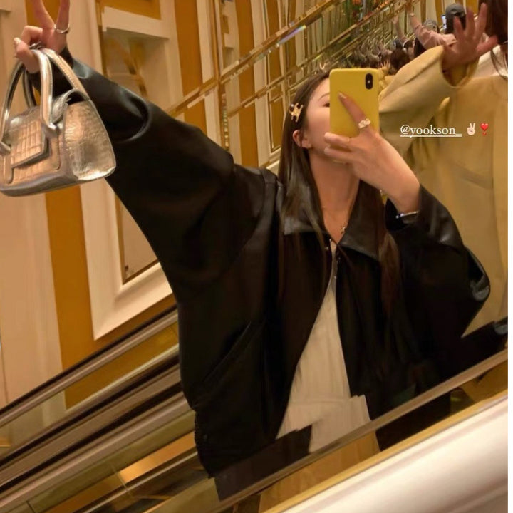 Women's leather jacket in oversized style with fashionable details Lisslune