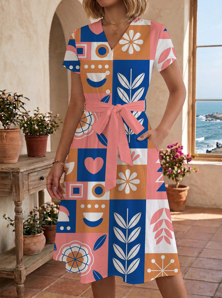 Women's Blooming Midi Dress with Adjustable Belt and Artistic Print Lisslune