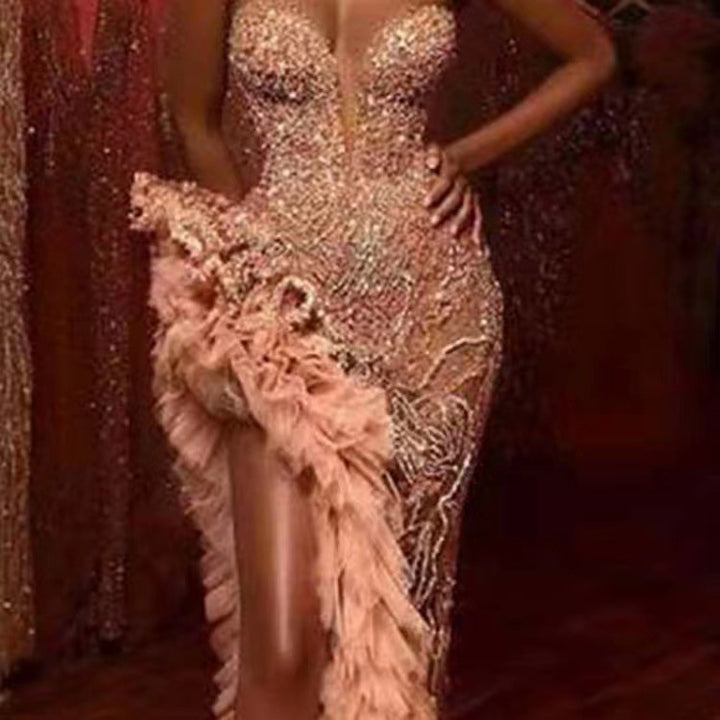 Women Figure-hugging Evening Dress with Shimmering Pearls and Ruffle Details