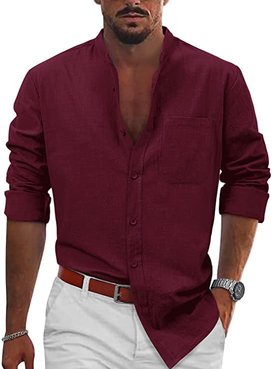 Men's casual linen shirt with classic V-neck and chest pocket Lisslune