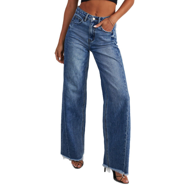 Ladies High-Waisted Mom Jeans in Classic Cut with Frayed Hem Lisslune