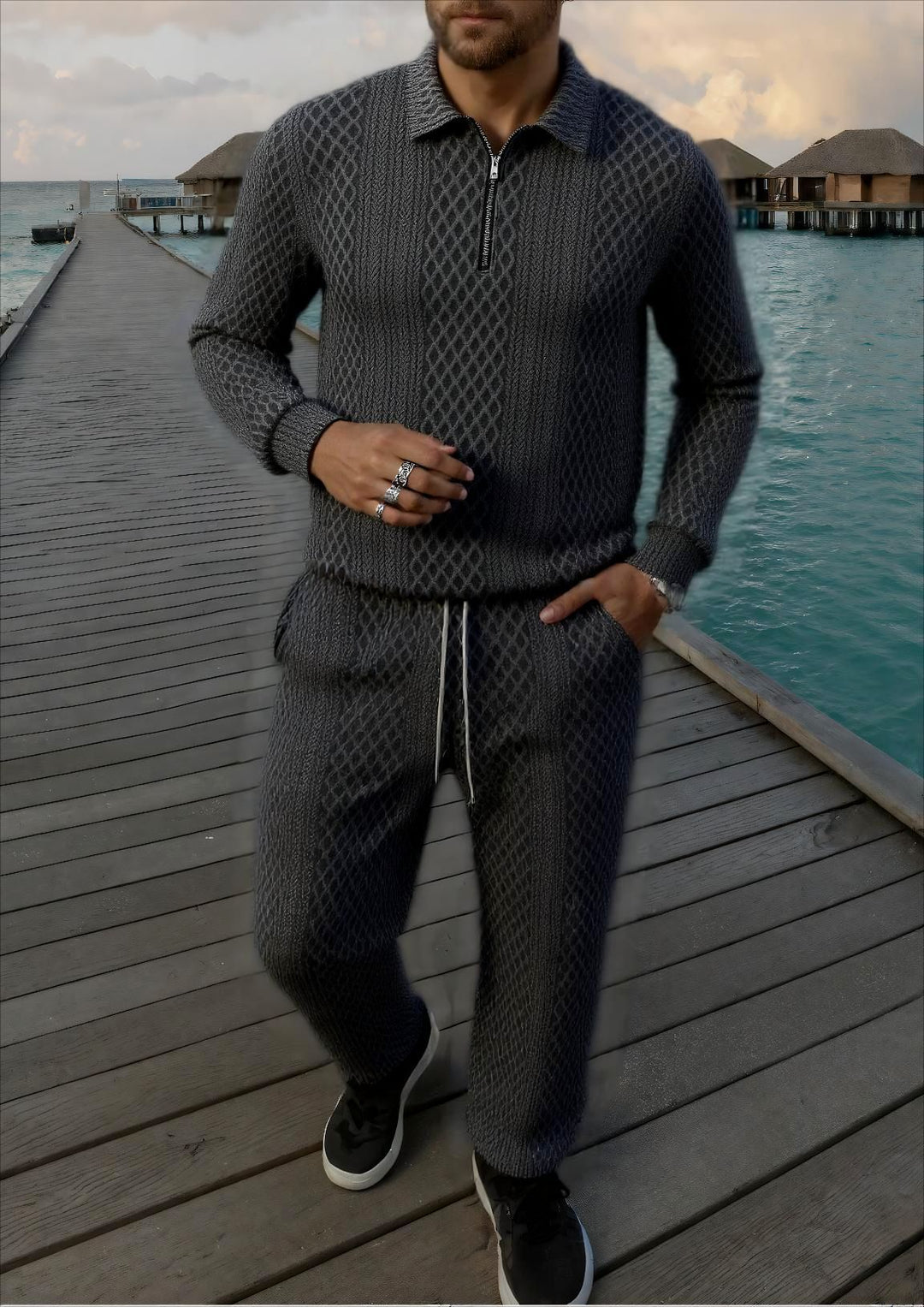 Men's Elegant Knit Suit made of breathable material with stand-up collar Lisslune