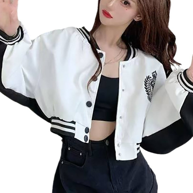 Women's casual college jacket with embroidered logo and contrasting sleeves
