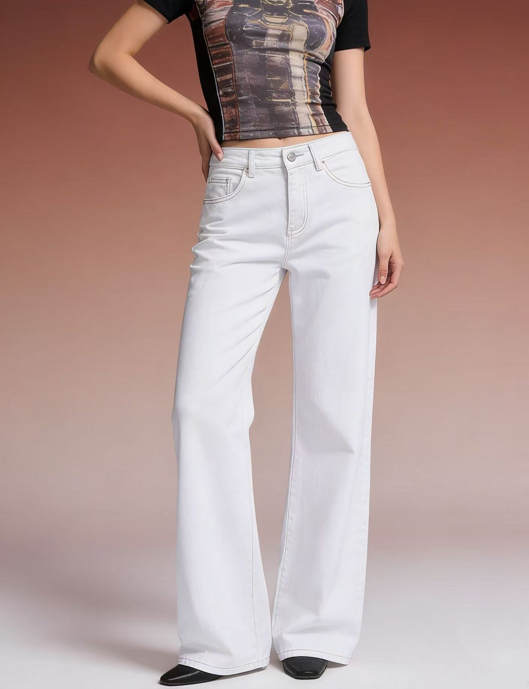 Damen weite Denim-Hose mit Vintage-Waschung und hoch geschnittenem Bund Lisslune