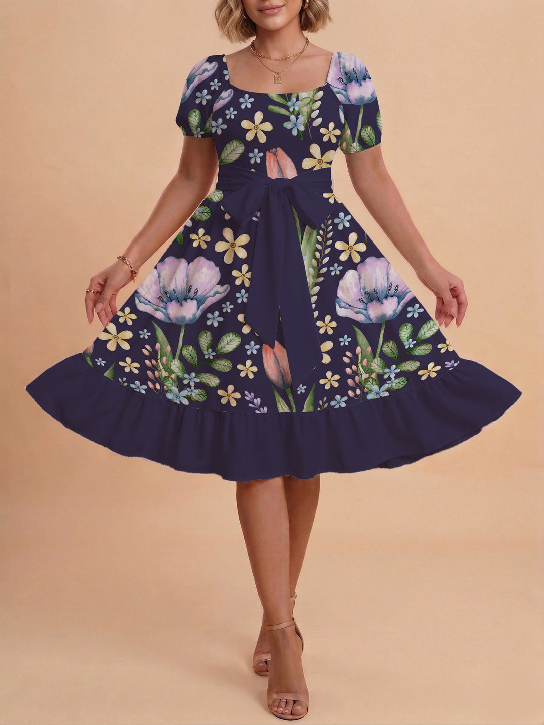 Women's floral dress with adjustable belt and voluminous sleeves Lisslune
