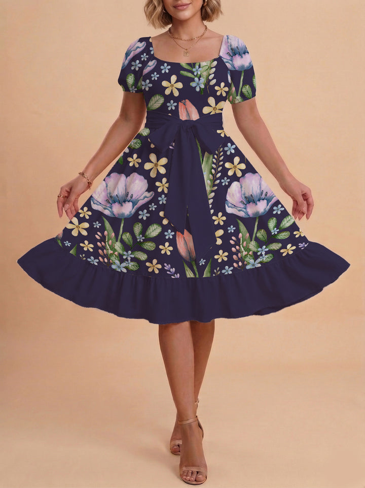 Women's floral dress with adjustable belt and voluminous sleeves Lisslune