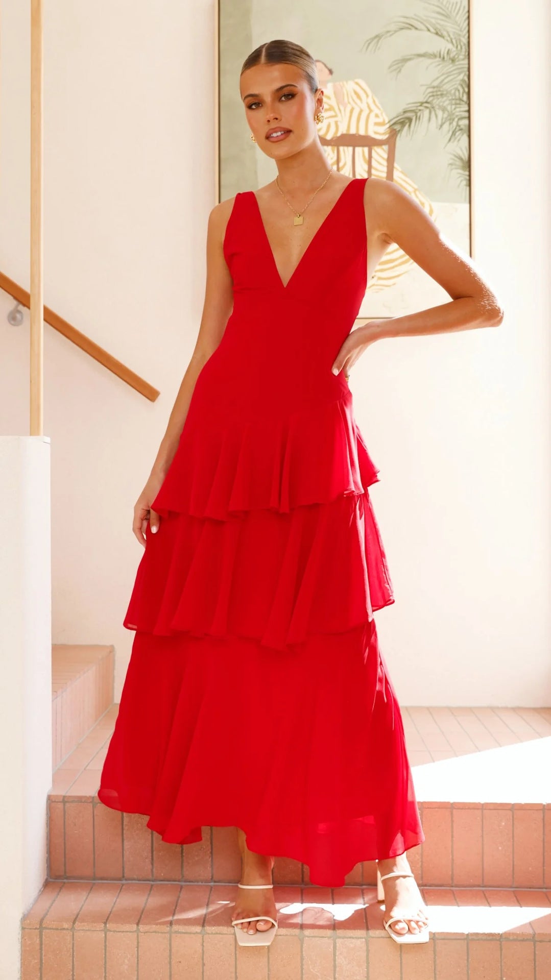 Women's maxi dress with seductive ruffle layers and deep V-neck