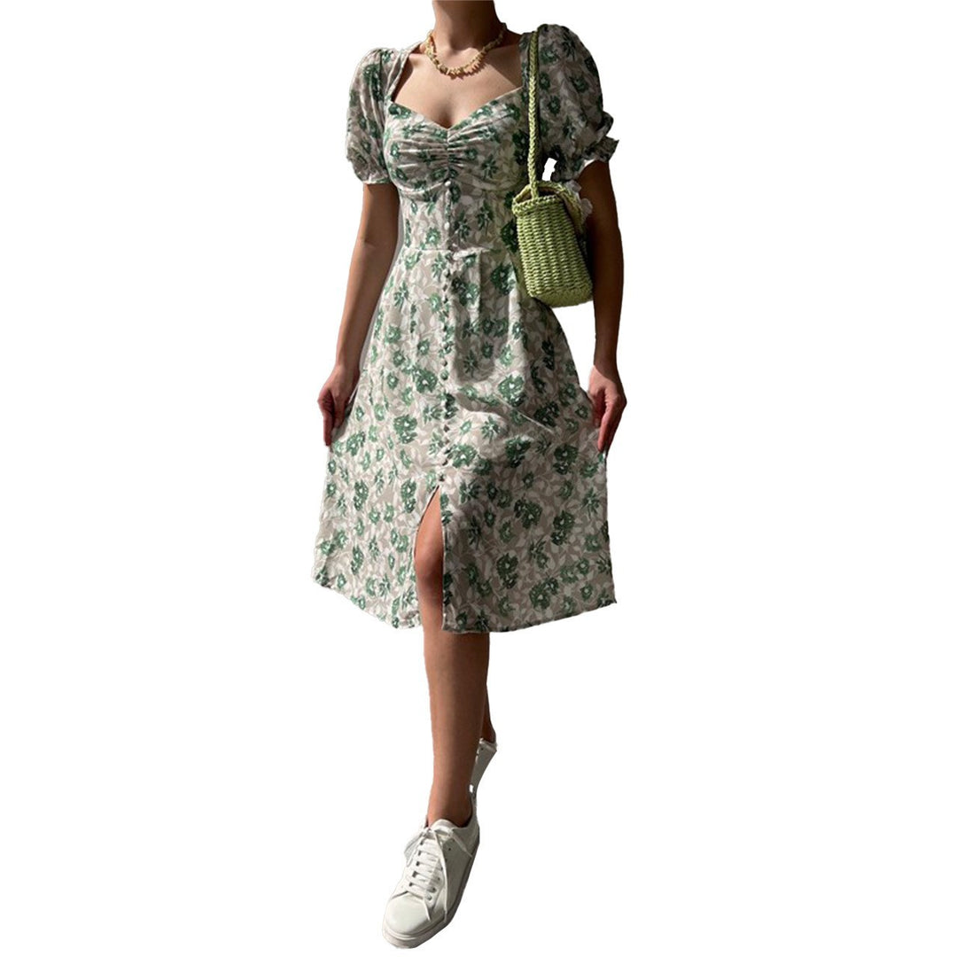 Women’s floral dress with gathered sleeves and side slit Lune London