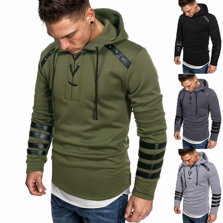 Men's casual hoodie with leather accents Lisslune