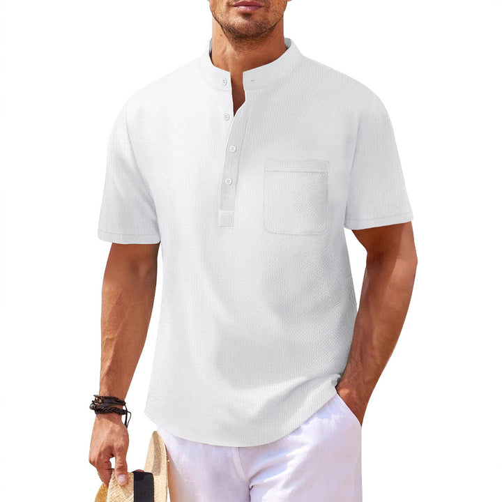 Men's Short Sleeve Shirt with Modern Stand Collar and Subtle Texture Lisslune