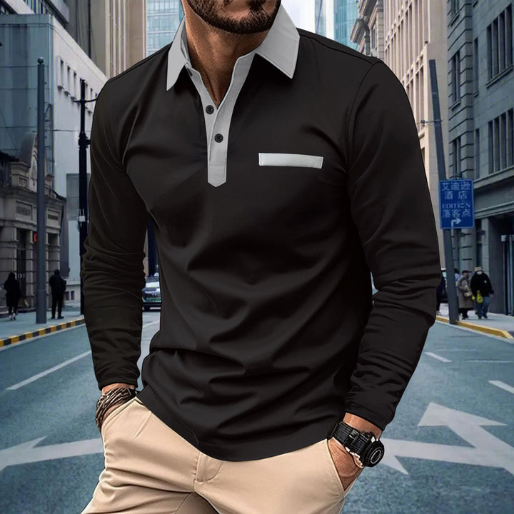 Men's long sleeve polo shirt with modern stand-up collar and sophisticated contrast design Lisslune