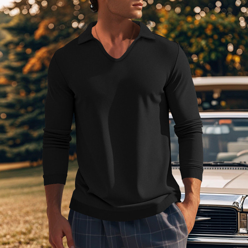 Men's Long Sleeve Shirt with Modern V-Neck and Textured Design Lisslune