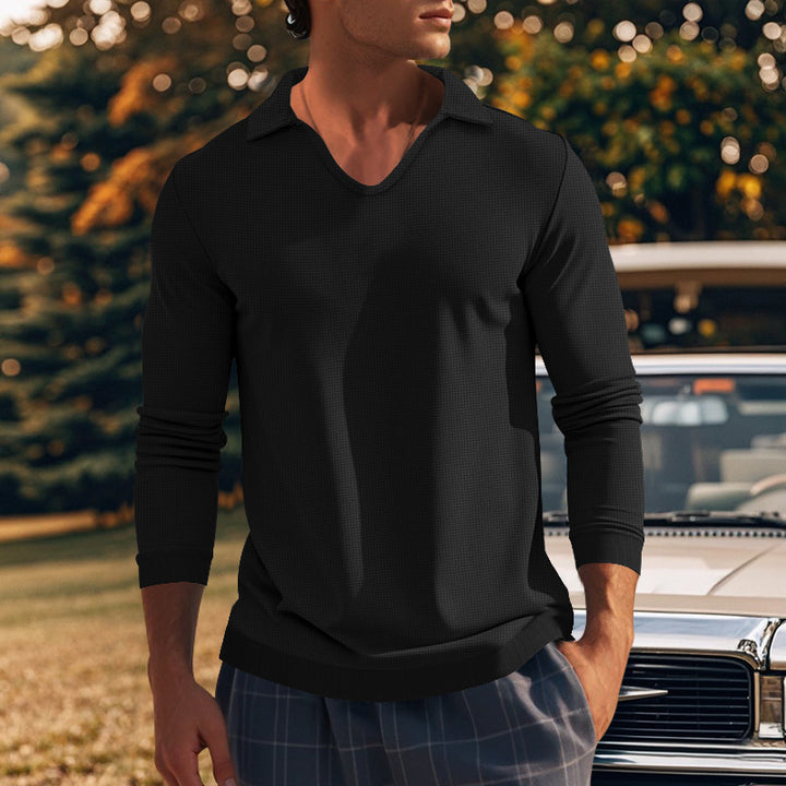 Men's Long Sleeve Shirt with Modern V-Neck and Textured Design Lisslune