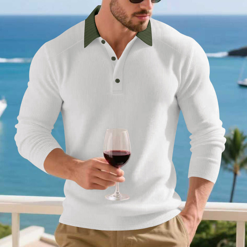 Men's Long Sleeve Polo Shirt with Textured Design and Elegant Button Placket Lisslune