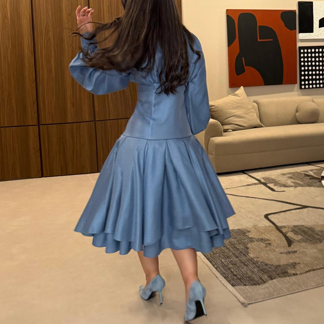 Women's vintage-inspired A-line dress with elegant puff sleeves and button placket Lisslune