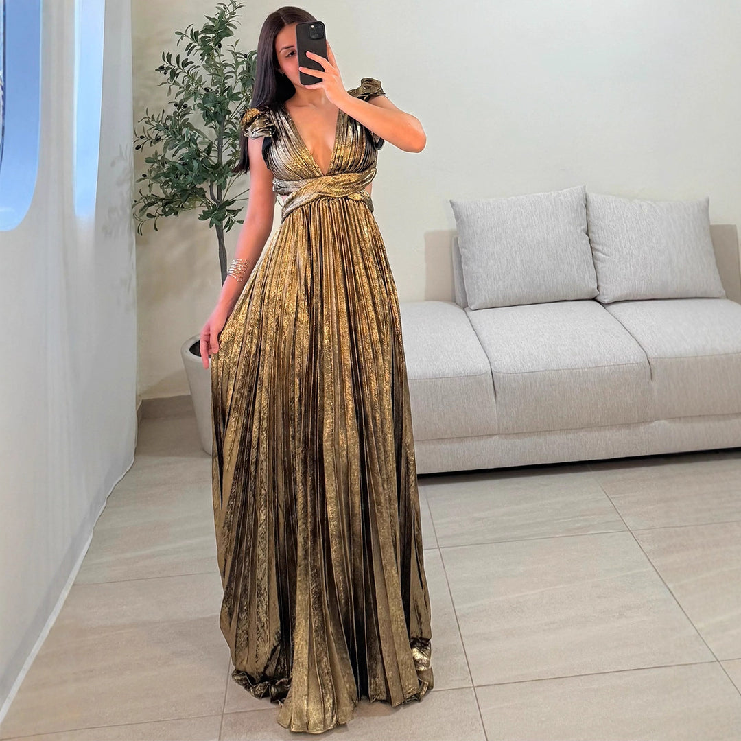Ladies Glamorous Pleated Maxi Dress with Deep V-Neck and Puff Sleeves Lisslune