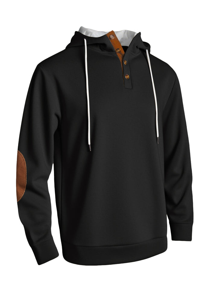 Men's hooded sweatshirt with modern button placket design and reinforced elbow patches Lisslune