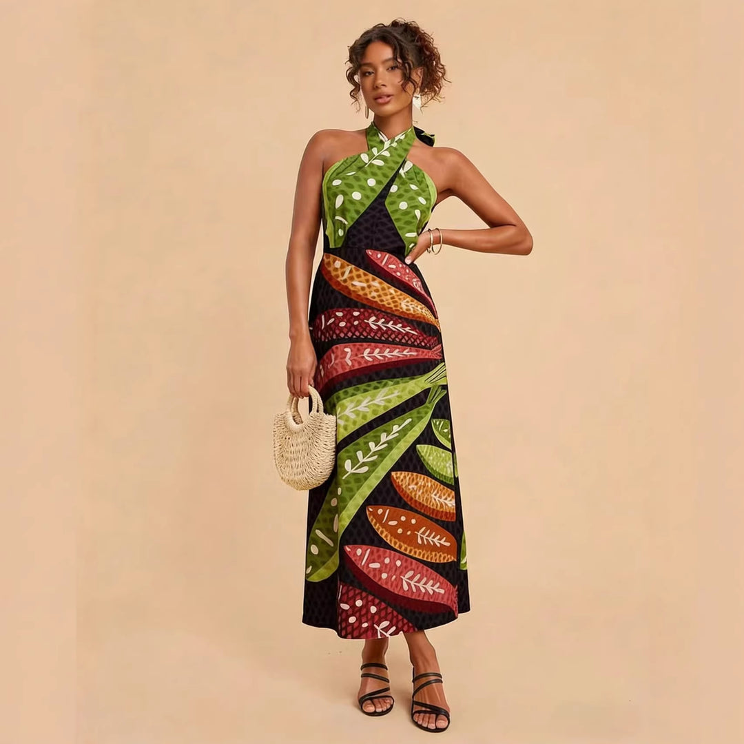 Ladies Halterneck Maxi Dress with Colorful Leaf Design and Flared Cut