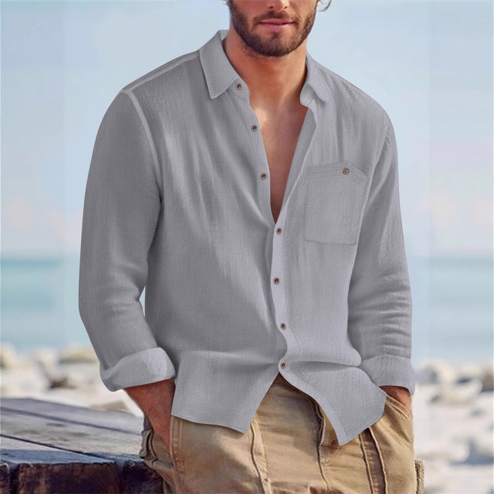 Men's Casual Long Sleeve Shirt with Textured Design and Patch Chest Pocket Lisslune