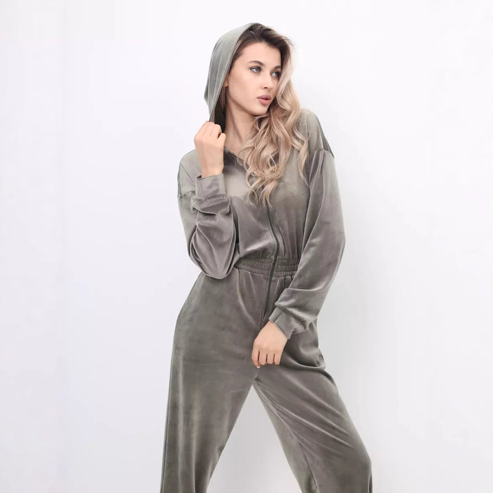 Ladies sporty fleece jumpsuit with hood and elastic waist belt Lisslune