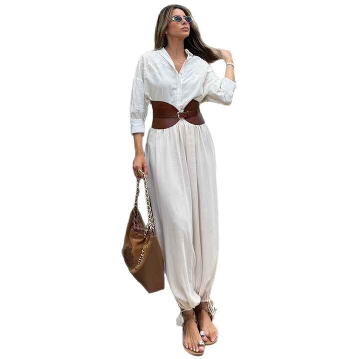 Women's voluminous jumpsuit with elegant button blouse and waist belt Lisslune