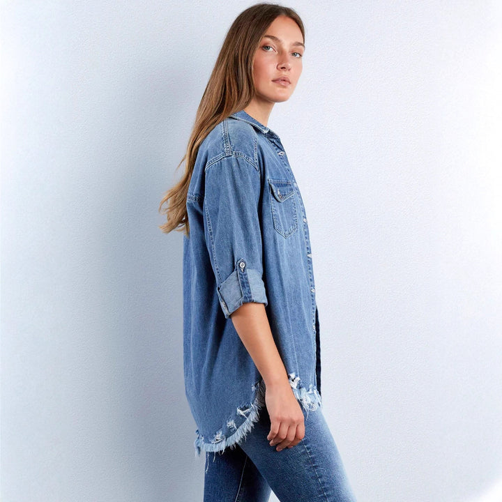 Women's denim blouse with heart appliqué and fringed hem Lisslune
