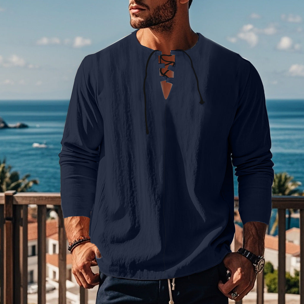 Men's casual long-sleeve shirt with neckline and lacing Lisslune