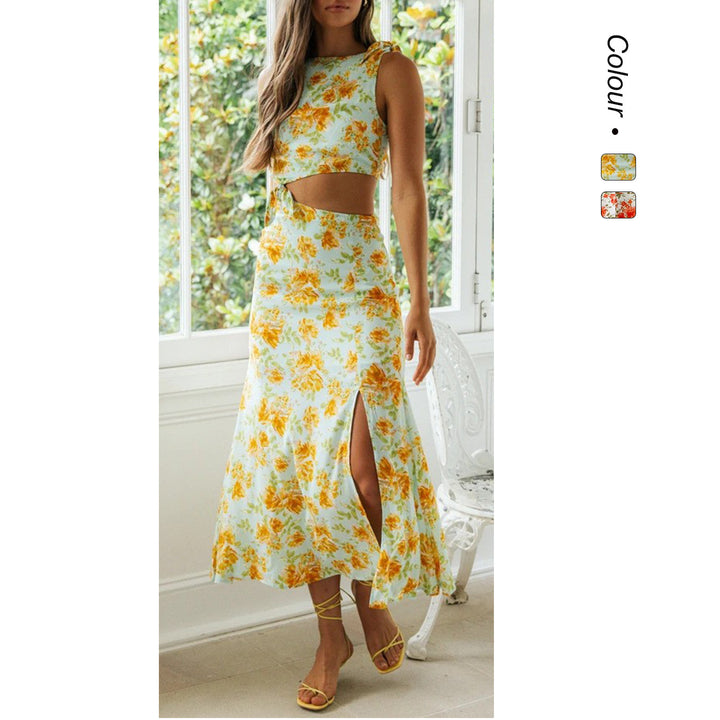 Women's two-piece set made of floral fabric with high slit and fitted top Lune London