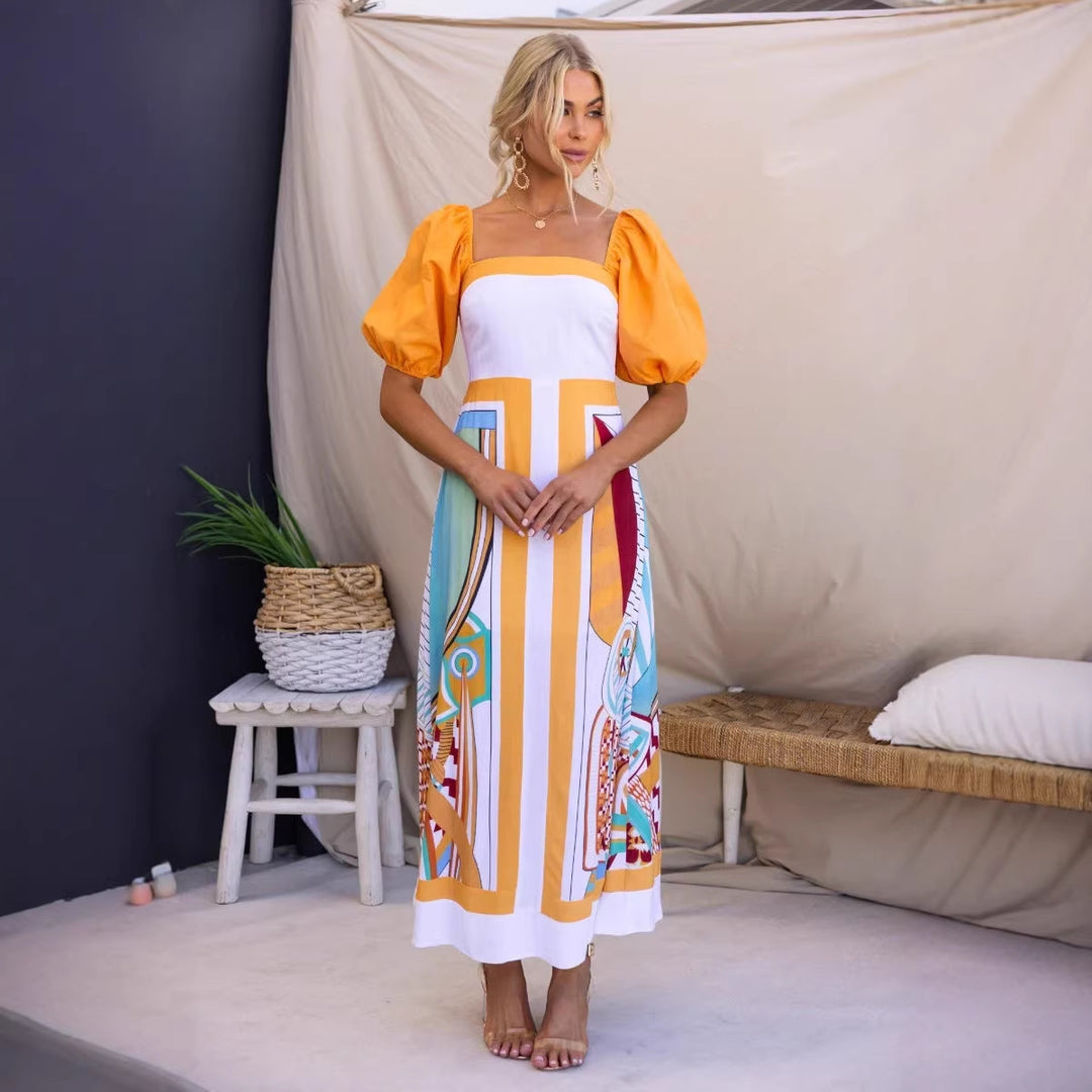 Ladies' maxi dress with creative art print and puff sleeves