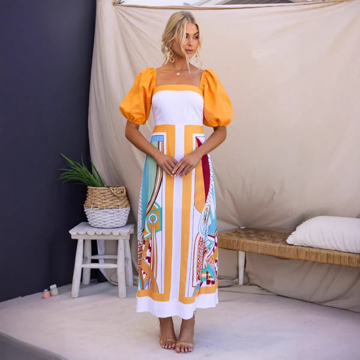 Ladies' maxi dress with creative art print and puff sleeves