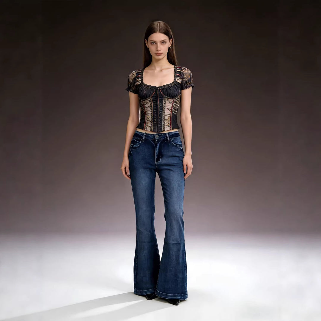Women's elegant cropped top with puff sleeves and vintage embroidery Lisslune