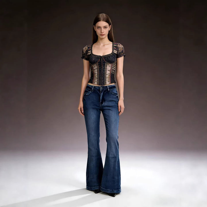 Women's elegant cropped top with puff sleeves and vintage embroidery Lisslune