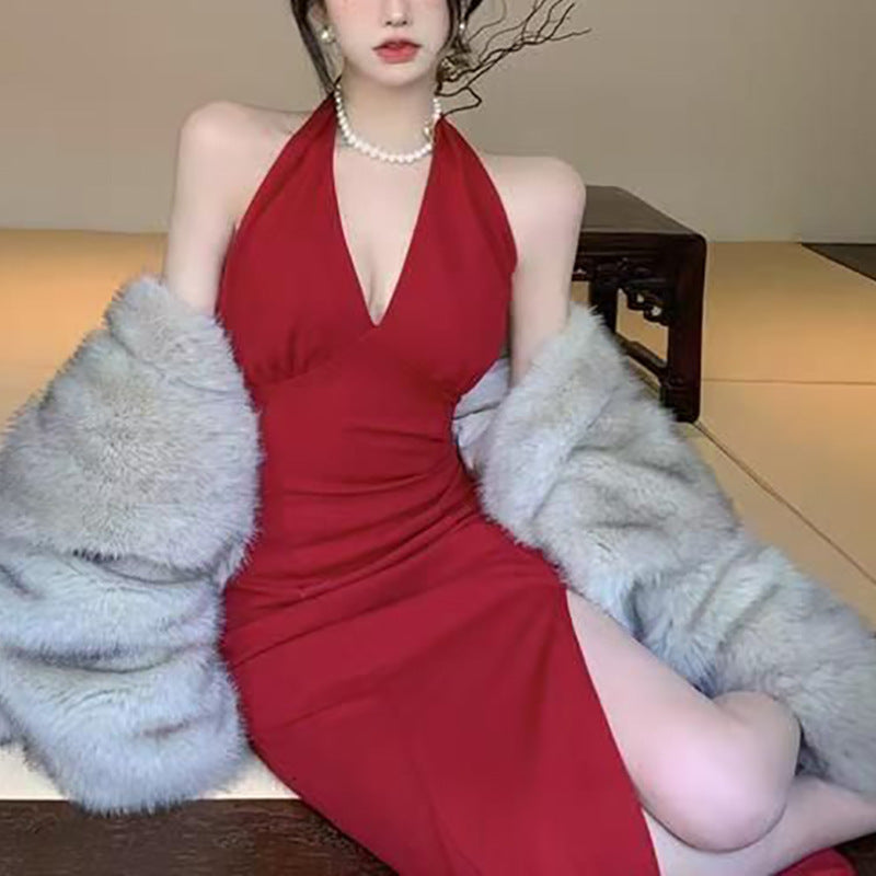 Women elegant maxi dress with deep V-neck and side slit