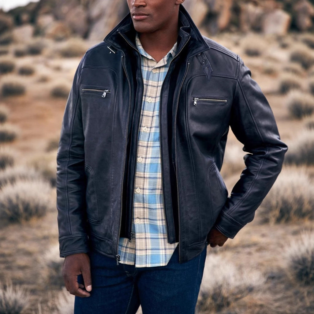 Men's casual leather jacket with modern stand-up collar and versatile pockets Lisslune