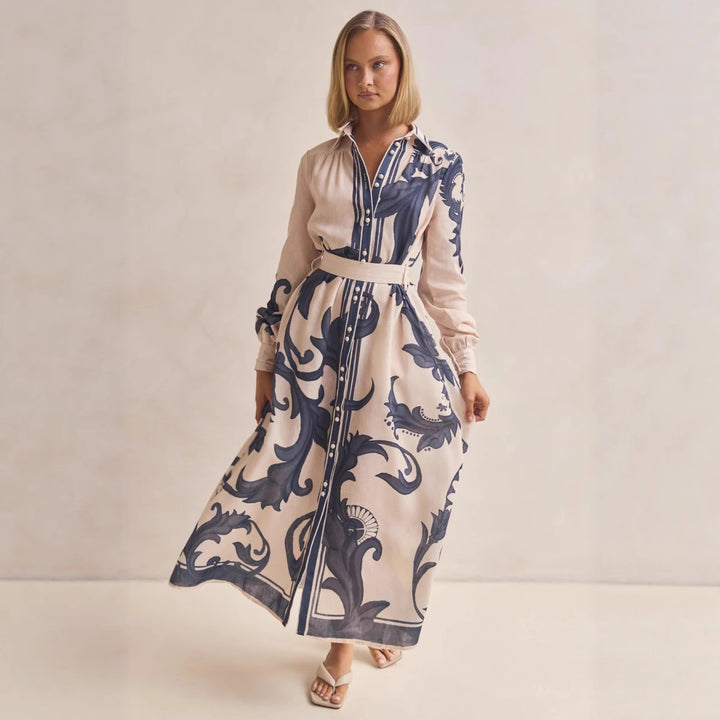 Ladies long sleeve shirt dress with floral accents and waist belt Lune London