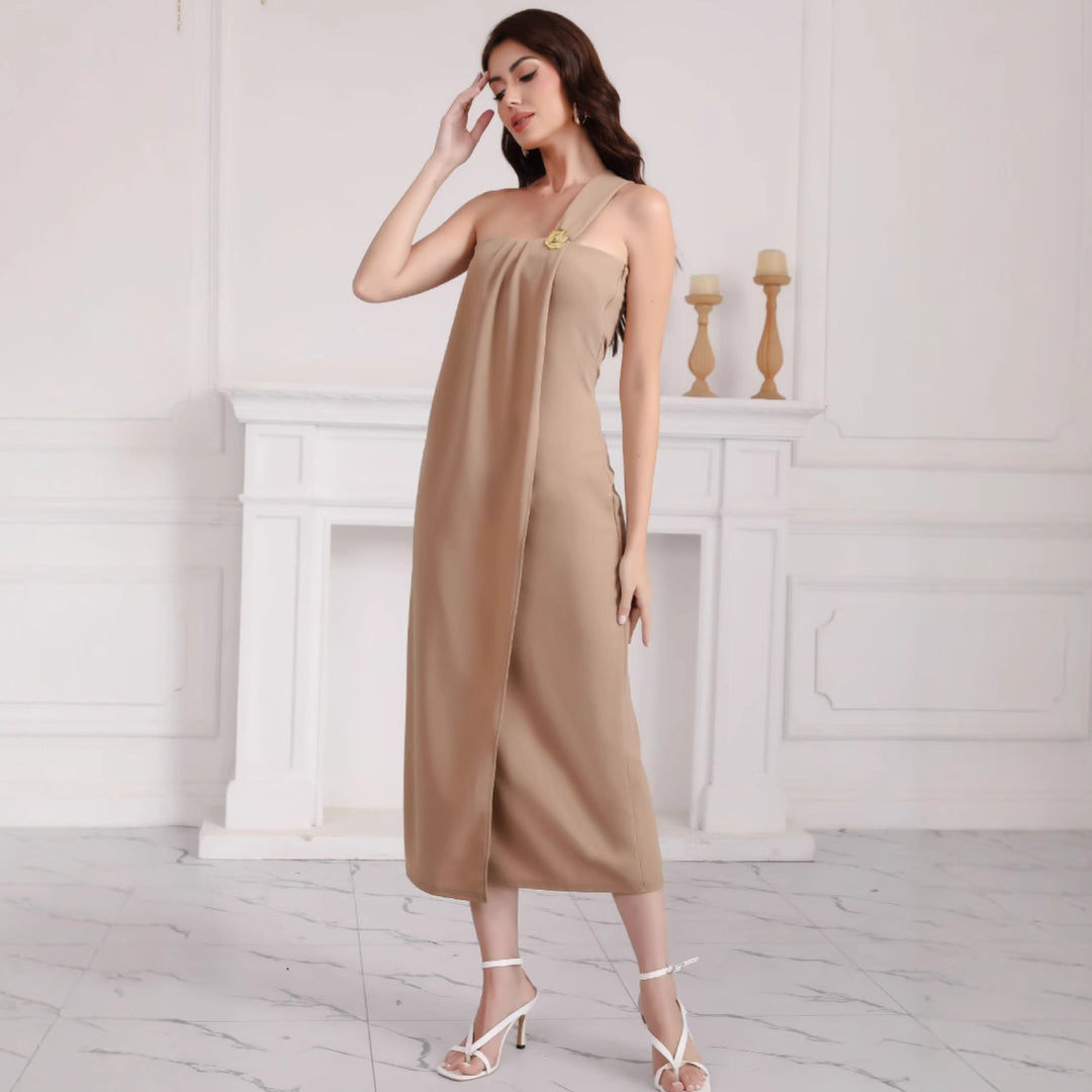 Women's elegant off-the-shoulder maxi dress with decorative detail