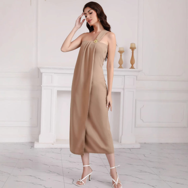 Women's elegant off-the-shoulder maxi dress with decorative detail