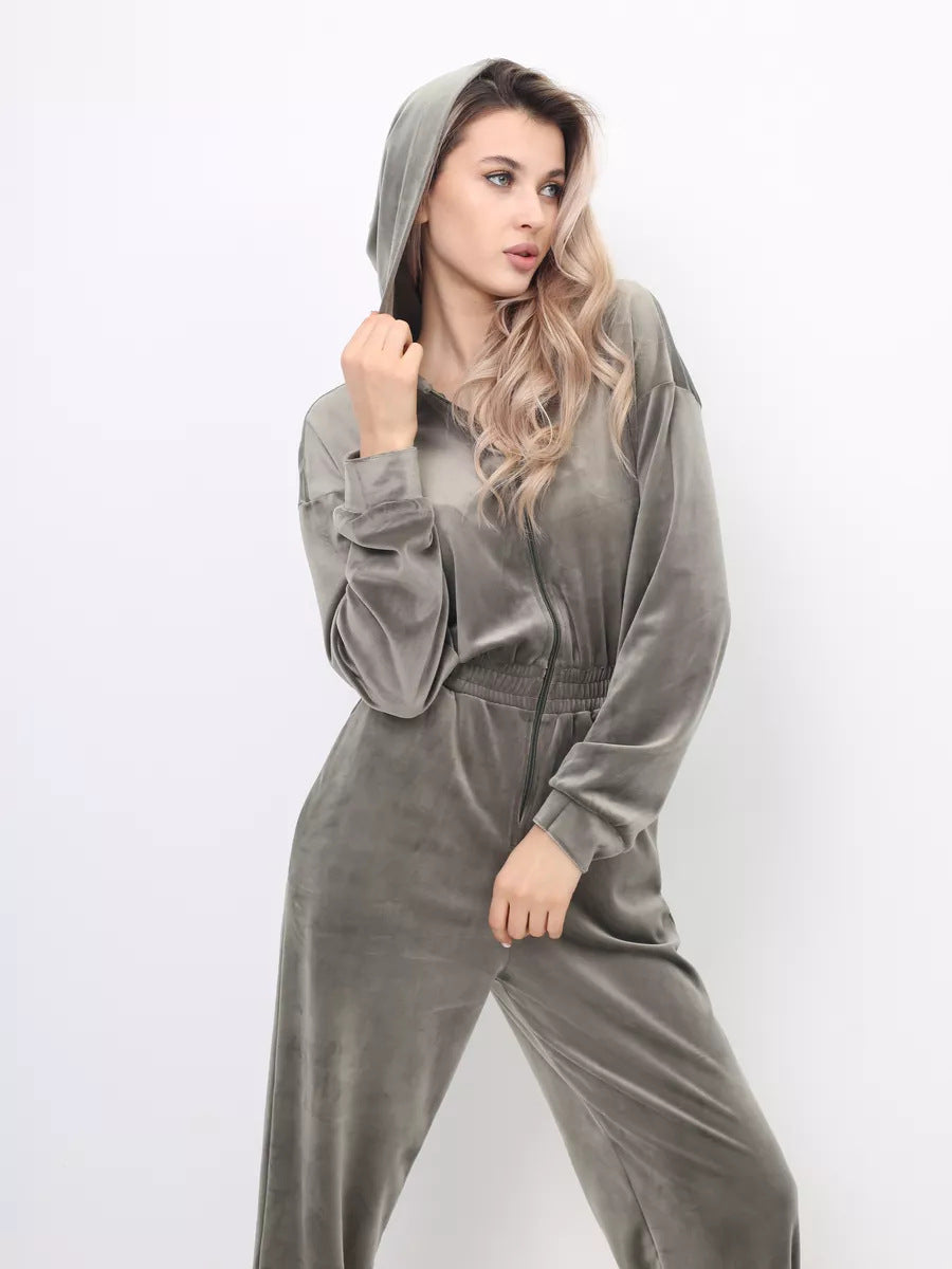 Ladies sporty fleece jumpsuit with hood and elastic waist belt Lisslune