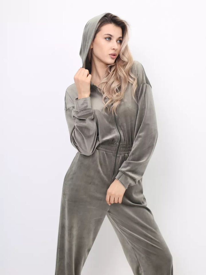 Ladies sporty fleece jumpsuit with hood and elastic waist belt Lisslune