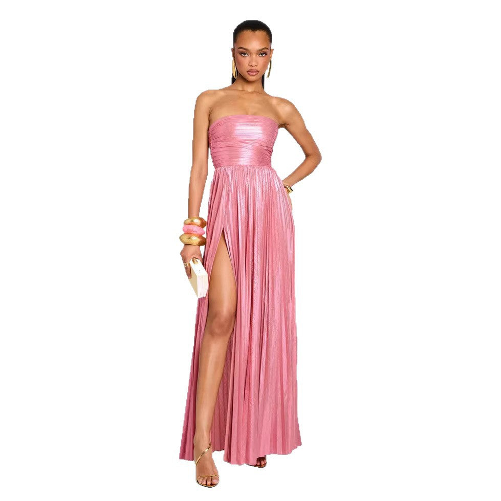 Women's Glamorous Evening Dress with High Slit and Pleated Details Lune London