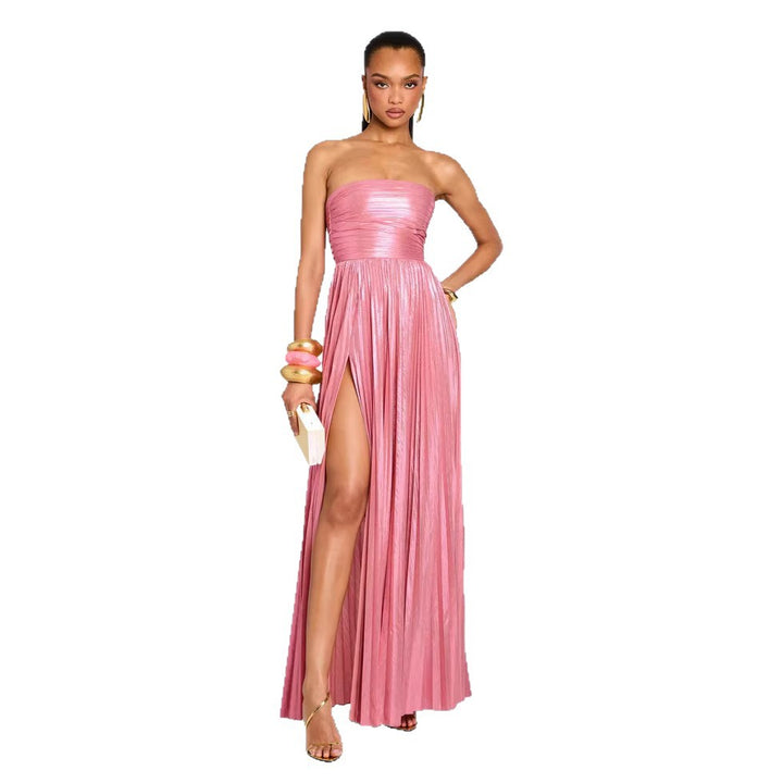 Women's Glamorous Evening Dress with High Slit and Pleated Details Lune London