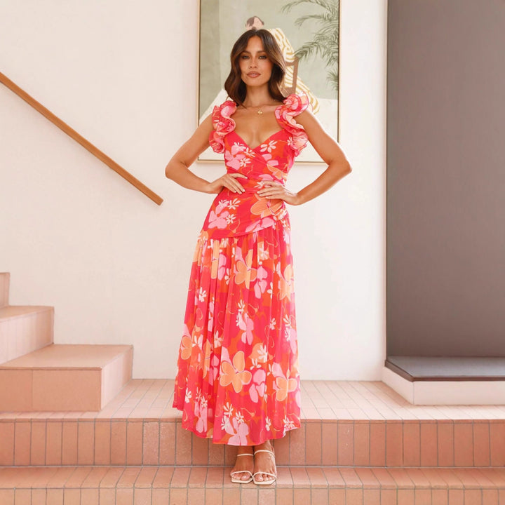 Ladies maxi dress with elegant ruffles and figure-hugging cut