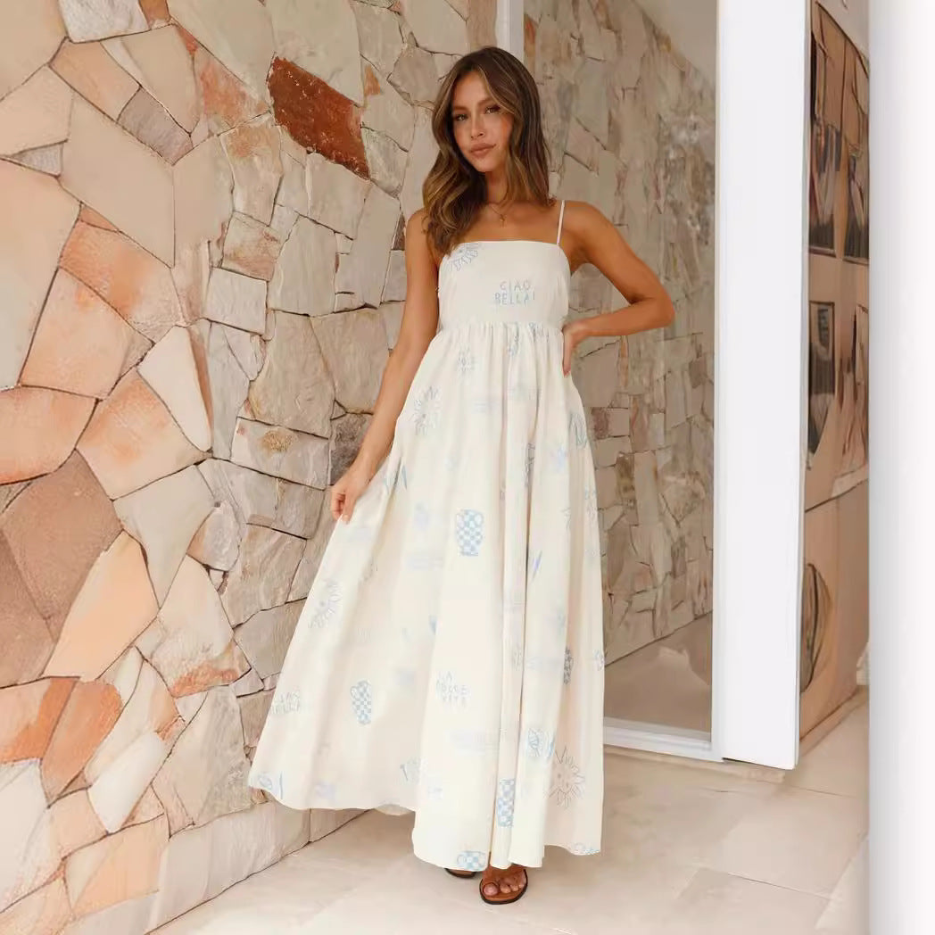Women's maxi dress with smocked top and playful graphic design Lune London
