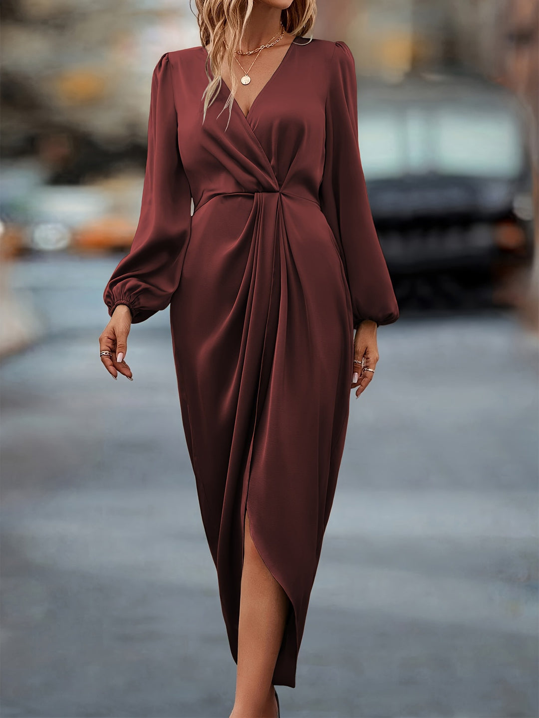 Women’s Satin Maxi Dress with V-Neck and Elegant Puff Sleeves Lisslune