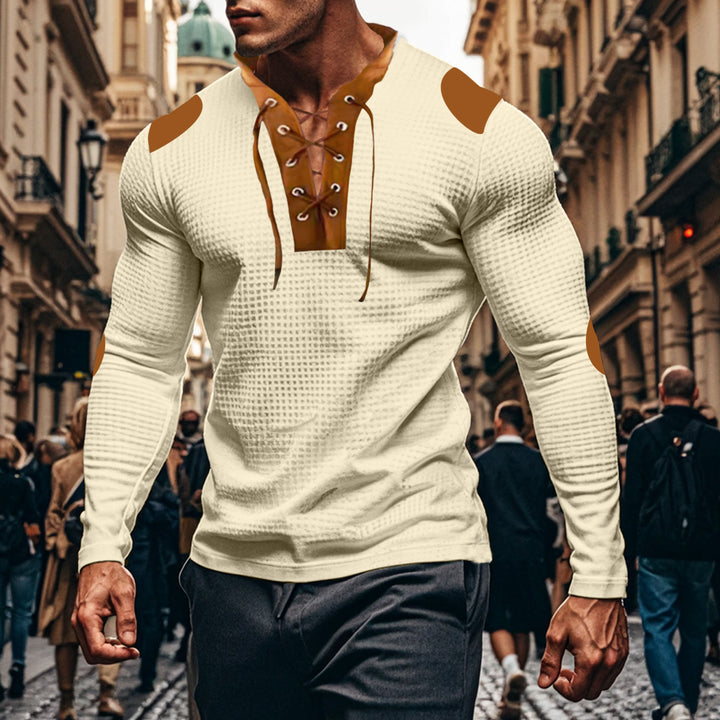 Men's long-sleeve Henley shirt with decorative lacing design Lisslune